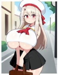 1girls aged_up ai_generated alternate_breast_size bag breasts fate/kaleid_liner_prisma_illya fate/stay_night fate_(series) female female_only handbag huge_breasts illyasviel_von_einzbern large_breasts light-skinned_female mushisaur outdoors red_eyes school_uniform skirt solo thick_thighs underboob white_hair wide_hips