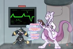2026 3_fingers 3_toes anthro black_body black_clothing black_shirt black_topwear blush bottomless breath clothed clothing coat dialogue digital_media_(artwork) duo eeveelution english_text feet female fingers forced forced_transformation gender_transformation generation_1_pokemon generation_2_pokemon genitals hi_res holding_object holding_pen id_card implied_gender_transformation implied_transformation inside interrobang lab_coat legendary_pokemon looking_down mewtwo nintendo open_mouth pawpads pen pokemon pokemon_(species) pomiart red_eyes shirt shirt_only smile spread_legs spreading tail text text_on_clothing text_on_shirt text_on_topwear toes topwear topwear_only transformation umbreon vulva
