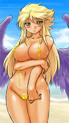 1girls angel_wings beach blonde_hair blush breath_of_fire breath_of_fire_ii cloud dr.p green_eyes large_breasts lowres nina_(breath_of_fire_ii) shy sling_bikini swimsuit tanned tanned_female tanned_skin wide_hips