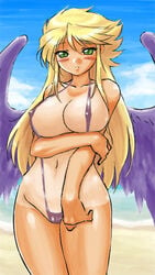 1girls angel_wings beach black_wings blonde_hair blush breath_of_fire breath_of_fire_ii cloud dr.p green_eyes large_breasts long_hair lowres nina_(breath_of_fire_ii) shy sling_bikini solo solo_female swimsuit tanline tanned tanned_female wide_hips wings