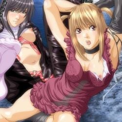 arms_up blonde_hair brown_eyes choker death_note female female_only footwear human lowres misa_amane multiple_females naomi_misora nipple_slip nipples no_bra socks torn_clothes