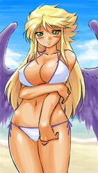 1girls angel_wings areolae beach bikini black_wings blonde_hair blush breath_of_fire breath_of_fire_ii cloud dr.p green_eyes holding_breast large_breasts long_hair lowres nina_(breath_of_fire_ii) shy swimsuit tanned tanned_female wide_hips wings