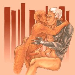 2boys artist_request bald boner cable_(x-men) deadpool erection gay kissing male male_nipples male_only marvel marvel_comics nathan_summers nude penis pubic_hair sitting straight_hair testicles wade_wilson white_hair x-men yaoi