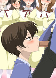 androgynous audience blush casual dark_hair fellatio female haruhi_fujioka human oral ouran_high_school_host_club pale_skin short_hair tomboy voyeurism