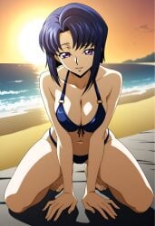 1girls ai_generated bikini blue_bikini blue_hair cecile_croomy clothed clothed_female code_geass duderu_vanilla female female_only kneeling solo swimsuit