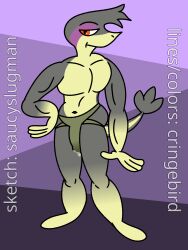 2025 anthro bulge bulge_through_clothing collaboration cringebird daryl_(cringebird) furry generation_5_pokemon gray_body jockstrap jockstrap_only male muscular nonbinary pokemon pokemon_(species) precum precum_drip precum_through_clothing precum_through_underwear saucyslugman snivy tagme text toony