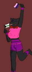 absurd_res accessory anthro belly biped blush bottomwear bow_(feature) bow_accessory bow_tie breasts bulge canid canine celebration cheek_blush clothed clothing crop_top demiromantic_pride_colors detailed_bulge digital_media_(artwork) dolphin_shorts eyes_closed flag fur genderfluid_(lore) genderfluid_pride_colors gynomorph gynomorph_anthro happy hi_res intersex intersex_anthro lgbt_pride lgbt_pride_month mammal nipple_outline open_mouth pride_color_flag pride_colors purple_stripes raised_arms shirt shorts simple_background solo stripes topwear vel_(artist) vel_(vel)