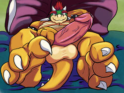 1boy anthro balls ballsack bara barefoot beige_countershading bowser claws erection foreskin foreskin_folds furry green_head horns humanoid_penis intact koopa male male_only mario_(series) nintendo nude_male ochre_skin penis precum red_hair reptile retracted_foreskin scalie scrotum solo tail testicles tokeki toony uncut veiny_penis