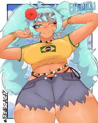 1girls ass big_ass big_breasts big_butt big_thighs blue_hair brasil brazil brazilian brazilian_female brazilian_miku breasts cute cyan_eyes cyan_hair female female_only hatsune_miku huge_ass huge_thighs latin_american_hatsune_miku_(meme) long_hair looking_at_viewer ship_master shirt shorts solo tagme tan tan_body thick_hips thick_thighs thighs thong twintails vocaloid yellow_shirt