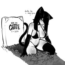 1girls 2024 animal_ears bikini black_eyes black_hair blush breasts cat_ears cat_tail catgirl cleavage elbow_gloves english_text facial_markings female gloves grave large_breasts long_hair looking_at_viewer navel original skindentation tagme tail tekona text thighhighs thighs tongue tongue_out