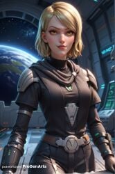1girls ai_generated armor belt bioware blonde_hair bodysuit breasts earth_(planet) gloves hi_res lana_beniko lips looking_at_viewer lucasfilm medium_breasts patreon_username planet progenarts scarf science_fiction short_hair solo space star_wars star_wars:_the_old_republic watermark web_address yellow_eyes