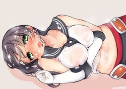 agano_(kantai_collection) aqua_hair black_hair cum female gloves green_eyes kantai_collection lying navel nipples on_side see-through sheer solo