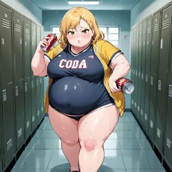 ai_generated american_flag blonde_hair fat large_breasts locker_room obese soda_can sweat thick_thighs workout_clothes