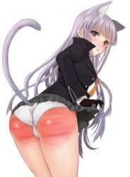 1girls blush cat_ears cat_tail clothed danganronpa female female_only gloves hijiri_ruka kirigiri_kyouko looking_at_viewer low_res lowres panties purple_eyes purple_hair red_ass seiru_(prairie) seiru_775 simple_background solo spanked straight_hair tail tears white_background