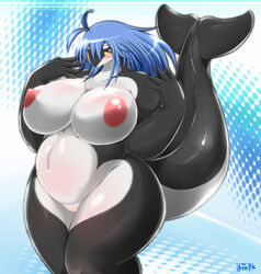 anthro big_breasts blue_hair blush breasts cetacean charme chubby female hair looking_at_viewer marine nude orca pussy solo thick_thighs whale wide_hips yellow_eyes ymbk