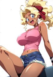 ai_generated big_breasts blonde_hair deko denim_shorts mihoshi_kuramitsu tan_skin tank_top tenchi_muyo!