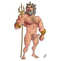 1boy abs balls bara beard biceps big_balls big_penis daddy dilf erection european_mythology greek_mythology hairy_chest male male_nipples male_only male_pubic_hair manly markus_von_braunstein mature_male muscular_male mythology nipples nude pecs penis poseidon trident