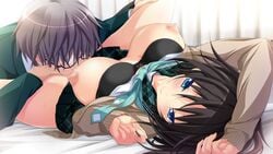 areolae arms_up bed black_hair blue_eyes blush bra bra_lift breasts cunnilingus female game_cg glasses hapymaher:_fragmentation_dream highres large_breasts legs licking lying nipples no_panties open_clothes oral school_uniform short_hair skirt spread_legs sweat thighs tsukimori_hiro