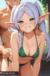 1boy 1girls ai_generated bikini doggy_style earrings elf female frieren grabbing_from_behind green_eyes male omega-weirdo patreon sex smile sousou_no_frieren twintails white_hair