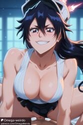 1girl1boy ai_generated bambietta_basterbine big_breasts black_eyes black_hair bleach bleach:_the_thousand-year_blood_war evil_smile female hat long_hair looking_down omega-weirdo patreon straddling