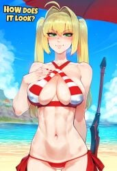 1girls ai_generated antenna_hair beach bikini blonde_hair fate/grand_order fate_(series) female green_eyes hand_on_breast large_breasts light-skinned_female light_skin looking_at_viewer narrow_waist navel nero_claudius_(fate) nero_claudius_(swimsuit_caster) outdoors pov pov_eye_contact smile solo solo_focus standing sweat sweatdrop sword thin_waist umbrella water yelua