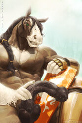 2013 abs anhes animal_genitalia armor balls biceps big_muscles brown_hair equine equne erection extreme_detail fur green_eyes hair horse horsecock long_hair looking_at_viewer male male_only mammal mane muscles nipples nude pecs penis ponytail shield sitting smirk solo teeth tied_hair topless vein