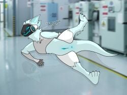 2025 4:3 absurd_res anthro anus apollofusion armor ass big_butt blue_body blue_eyes blurred_text claws clitoral_hood clitoris clothing detailed_background digital_drawing_(artwork) digital_media_(artwork) english_text equipment expensive_sergal factory feet female fur genitals hi_res ing_at_viewer logo looking_at_viewer lying machine mammal metallic_body nude on_side presenting protogen pussy raised_leg rape_play reflection reflective_floor shadow signature smile smiling_at_viewer solo spread_legs spreading tail text topwear white_body