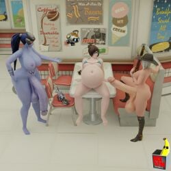 1girls 2futas 3d after_sex ashe_(overwatch) belly belly_inflation big_belly big_breasts dickgirl dictator_meep futa_on_female futanari huge_belly hyper_penis inflation mei_(overwatch) overwatch penis widowmaker