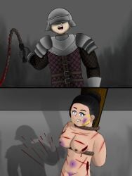 1boy1girl abuse abused_female armor armored_male black_hair blood blood_splatter blue_eyes breasts bruise bruised clenched_teeth completely_nude completely_nude_female covered_eyes creepy crying defeated_heroine female gray_background helmet jet_(shadow_fight_3) laughing male nipples original_character shadow shadow_fight shadow_fight_3 shadow_fight_4 tied_to_pole tied_up torture whip whip_marks