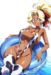 ai_generated big_breasts blonde_hair cow_print deko innertube mihoshi_kuramitsu sling_bikini slingshot_swimsuit tan_skin tenchi_muyo!