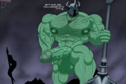 abs balls bara bayron_(artist) biceps big_balls big_penis boner english_text erection green_body green_skin hairy_chest helmet horned_helmet huge_balls huge_cock league_of_legends male male_nipples male_only male_pubic_hair mordekaiser muscular_male nipples nude pecs penis riot_games solo solo_male text