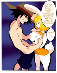 1boy 1girls bare_arms bare_breasts bare_legs bare_shoulders bare_thighs big_breasts big_penis blonde_hair blush bunny_ears bunny_girl bunny_tail carrot_(one_piece) color comic cum cum_on_breasts darkwell english_text female furry hat hi_res large_breasts light-skinned_male light_skin male monkey_d_luffy nipples one_piece page_6 paizuri penis short_hair shounen_jump tagme text text_bubble thick_thighs titjob