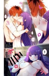 1boy bed belt black_hair black_pants blush breasts censored closed_eyes dress female fern_(sousou_no_frieren) french_kiss fumishichi hand_on_own_chest highres kissing large_breasts long_hair lying multicolored_hair open_mouth pants penis purple_eyes purple_hair red_hair sex short_hair sousou_no_frieren stark_(sousou_no_frieren) tongue tongue_out topless_male white_dress