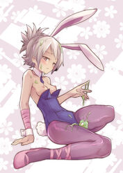 animal_ears bare_shoulders battle_bunny_riven blush breasts brown_eyes bunny_ears bunny_tail bunnysuit female league_of_legends looking_at_viewer nipples nishino_(waero) pantyhose riot_games riven short_hair silver_hair slime solo tail white_hair zac