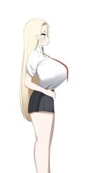 1girls blonde-chan_(nicorima) blonde_hair blue_eyes blush breasts breasts_bigger_than_head clothing enormous_breasts female female_focus female_only gigantic_breasts hairband huge_breasts looking_to_the_side nicorima original original_character red_hairband school_uniform shirt short_skirt side_view simple_background skirt solo standing thighs tie tight_clothing white_background