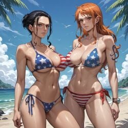 ai_generated american_flag_bikini beach big_breasts black_hair female female_only long_hair nami_(one_piece) nico_robin one_piece red_hair redphoenix_