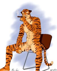 anthro balls chair cigar clownboy1 feline flaccid male male_only mammal muscles nipples nude penis sitting smoking solo tiger