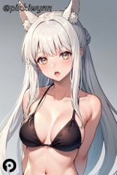 ai_generated animal_ear_fluff animal_ears arknights arms_behind_back bangs bare_shoulders bikini black_bikini blush breasts cleavage collarbone extra_ears female gradient gradient_background grey_background halterneck horse_ears large_breasts long_hair looking_at_viewer medium_breasts navel open_mouth pikkiwynn platinum_(arknights) sidelocks simple_background solo stomach swimsuit upper_body very_long_hair white_hair yellow_eyes