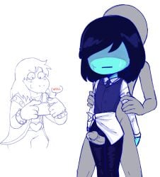1boy 1girls annoyed annoyed_expression blue_skin blush blush_lines butler butler_uniform clothed clothed_sex clothes cock deltarune dick eyes_covered female hexanne kris_(deltarune) leaking_precum male penis penis_out precum precum_bubble precum_drip recording recording_on_phone recording_sex recording_video susie_(deltarune) thigh_sex thighs thighs_together