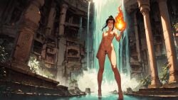 1girls ai_generated avatar_legends avatar_the_last_airbender azula crown_braid female female_only fire fire_nation firebending looking_at_viewer menacing naked naked_female nude nude_female pillars plants ruins sinister sinister_smile trees waterfall