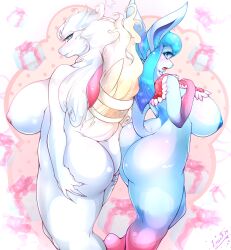 2019 2girls anthro areola ass big_breasts big_butt biped blue_areola blue_body blue_eyes blue_nipples breasts duo eeveelution female female_only generation_4_pokemon generation_5_pokemon glaceon hand_on_breast holding_butt huge_breasts legendary_pokemon leonkatlovre livy_(chrisceon) looking_at_viewer nintendo nipples nude nude_female open_mouth pink_areola pink_nipples pokemon pokemon_(species) pokemorph pose rebecca_alexandrite reshiram sparkles white_body