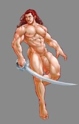 balls bara big_penis facial_hair flaccid male male_only muscles muscular nude penis solo solo_male sword zenpei