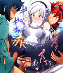 2boys aila_jyrkiainen anal archibald_(adahalt389zp) black_hair black_legwear blush censored clothed_sex clothing covered_nipples cum cum_in_ass female from_behind frown grin gundam gundam_build_fighters hair_ornament hairband hand_in_pocket impossible_clothes iori_sei long_hair male mosaic_censoring multiple_boys multiple_girls multiple_penises panties pantyhose penetration penis purple_eyes pussy red_hair reiji_(gundam_bf) sex silver_hair smile spread_legs tears torn_clothes torn_panties underwear wet wet_pantyhose yellow_eyes