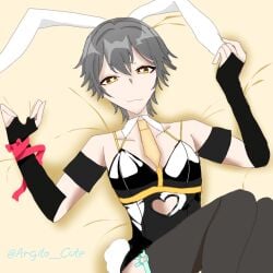 1boy bed bunny_ears bunnysuit caelus_(honkai:_star_rail) cosplay femboy gay gay_sex gray_hair grey_hair honkai:_star_rail horn in_bed rabbit_hole_(vocaloid) smiling yaoi yellow_bed