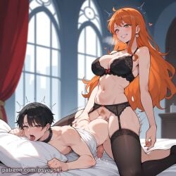 1boy 1futa ai_generated anal anal_sex artist_name artist_psyopsai clothed clothing colored curvy digital_media_(artwork) femboy femboysub futa_on_male futadom futanari lingerie long_hair male male_penetrated malesub nami nami_(one_piece) one_piece orange_hair sex side_view uncensored watermark