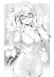 blush breasts floral_background glasses greyscale highres monochrome official_art ookuma_nekosuke open_mouth shinmai_maou_no_testament shirt short_hair smiley_face tachibana_nanao tagme underwear