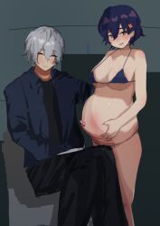 belle_(zenless_zone_zero) big_belly bikini bikini_top blue_hair blush brother_and_sister incest incest_pregnancy looking_at_viewer nsfwechi pregnant short_hair wise_(zenless_zone_zero) zenless_zone_zero