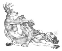 anthro blotch canine cervine deer fur furry hug interspecies male male_only mammal monochrome multiple_males nude side_view sitting tagme wolf yaoi