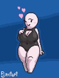 1female 1girls 4_fingers :) bald belly_button belly_button_visible_through_clothing big_breasts big_thighs black_bodysuit black_eyes black_swimsuit blue_background blush boob_window cleavage cute cute_expression cute_face eyelashes female full_body hand_on_breast heart heart_symbol huge_breasts huge_thighs knees looking_at_viewer mob_face mouth_closed nipple_bulge nipple_outline no_feet no_nose no_shoes pijectart pixel_(artwork) pixel_art playful seductive signature simple_background simple_eyes simple_face smile smiling smiling_at_viewer swimsuit swimwear thighs white_body white_skin wide_thighs wink winking_at_viewer