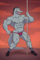 abs anthro biceps clothing cloud dancing dark_hair disney dusk hi_res lizard male muscular neck_muscles nipples pecs pole pole_dancing quads red_clothing red_thong red_underwear reptile scalie septarian smile solo star_vs_the_forces_of_evil tail teeth thong toffee_(svtfoe) triceps underwear undressing_self xun4 yellow_eyes